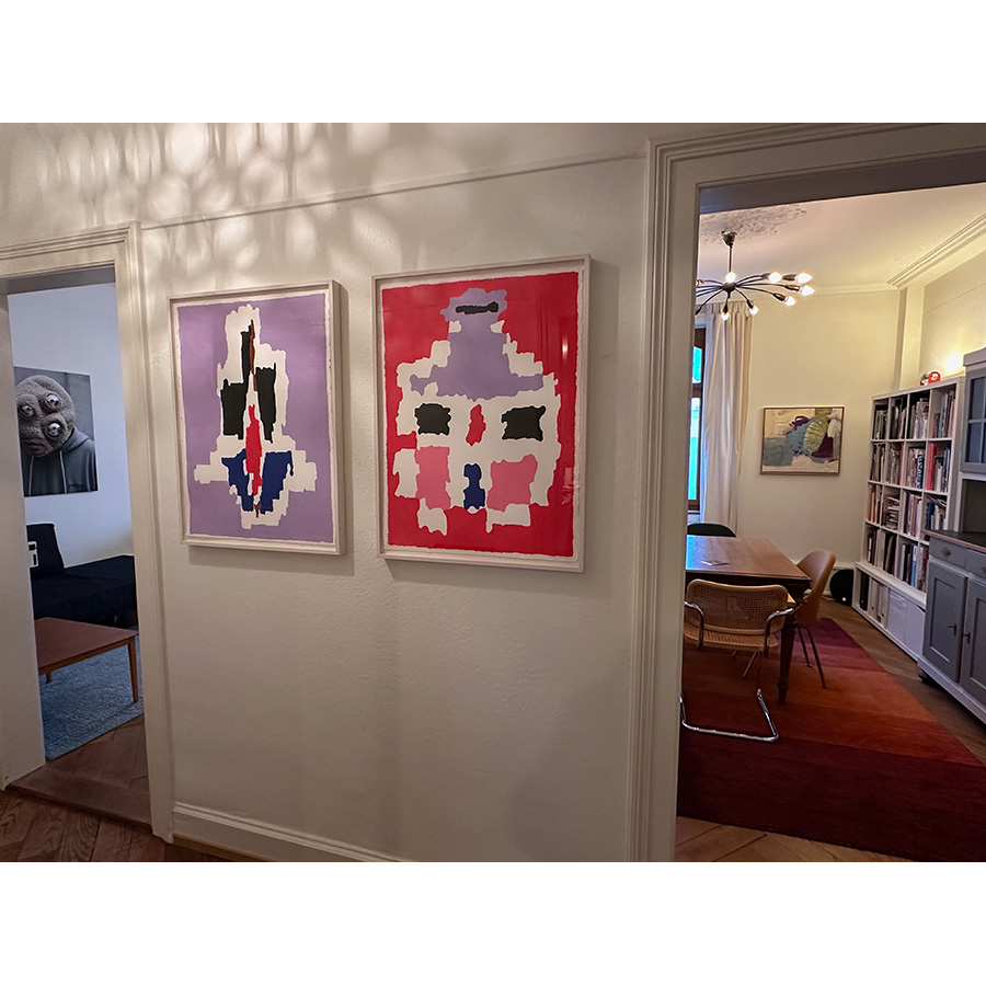 Exhibition view, Andreas Spörri, RUG 01, RUG 02,
Acrylic on heavy paper
2023, 56 x 76cm, white wooden box frame, 60 x 80cm
